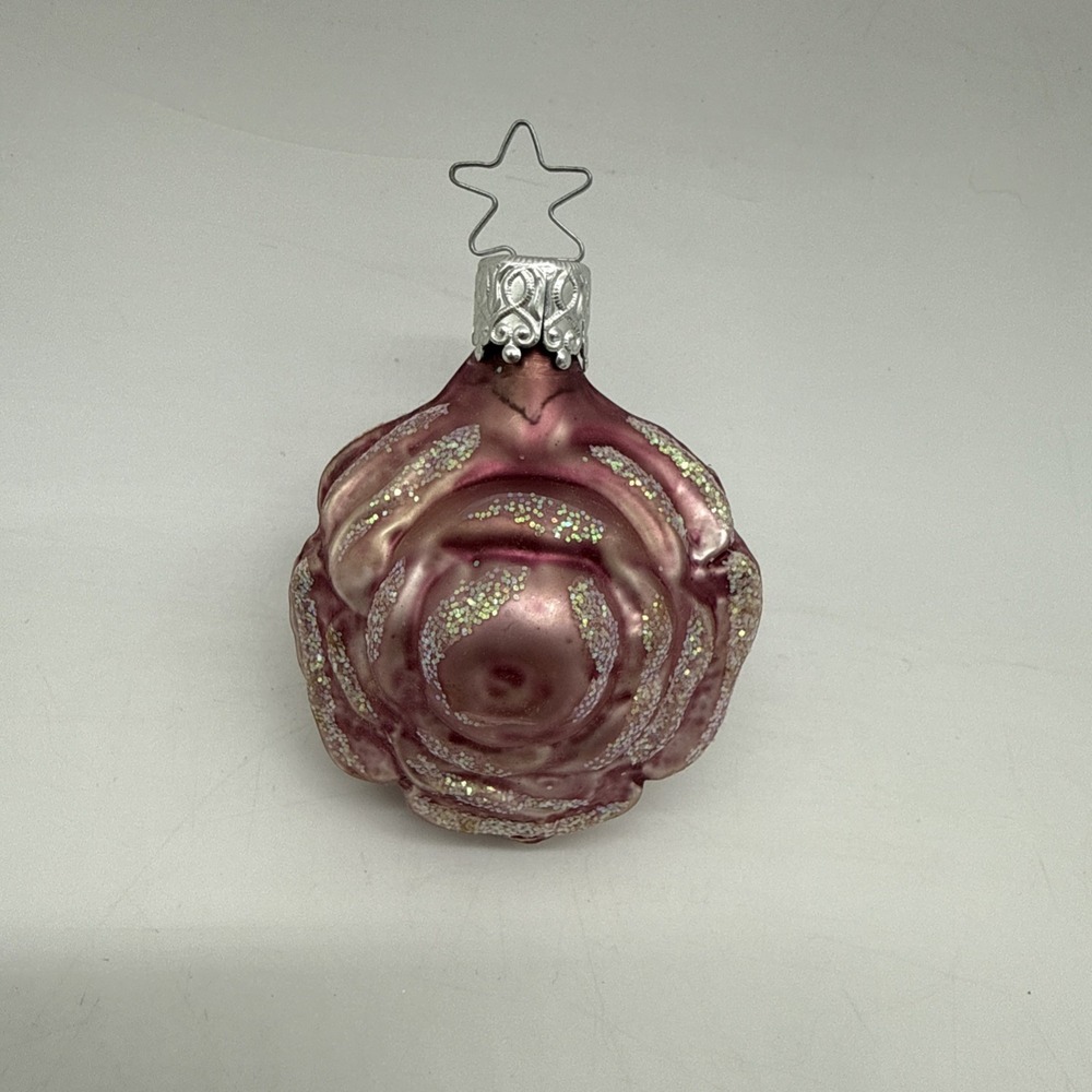 Christmas Inge Glas Pink Rose Flower Glass Ornament West Germany Vintage